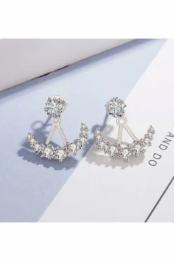 Women White Leaf Cubic Zirconia Curve Ear Jacket Sterling