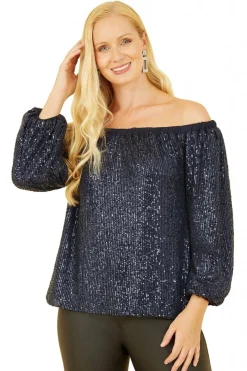 Women Yumi All Over Sequin Bardot Long Sleeve Top