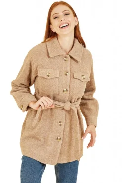 Women Yumi Button Down Shacket With Tie Belt