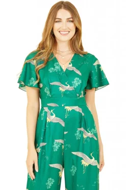 Women Yumi Crane Print Angel Sleeve Jumpsuit