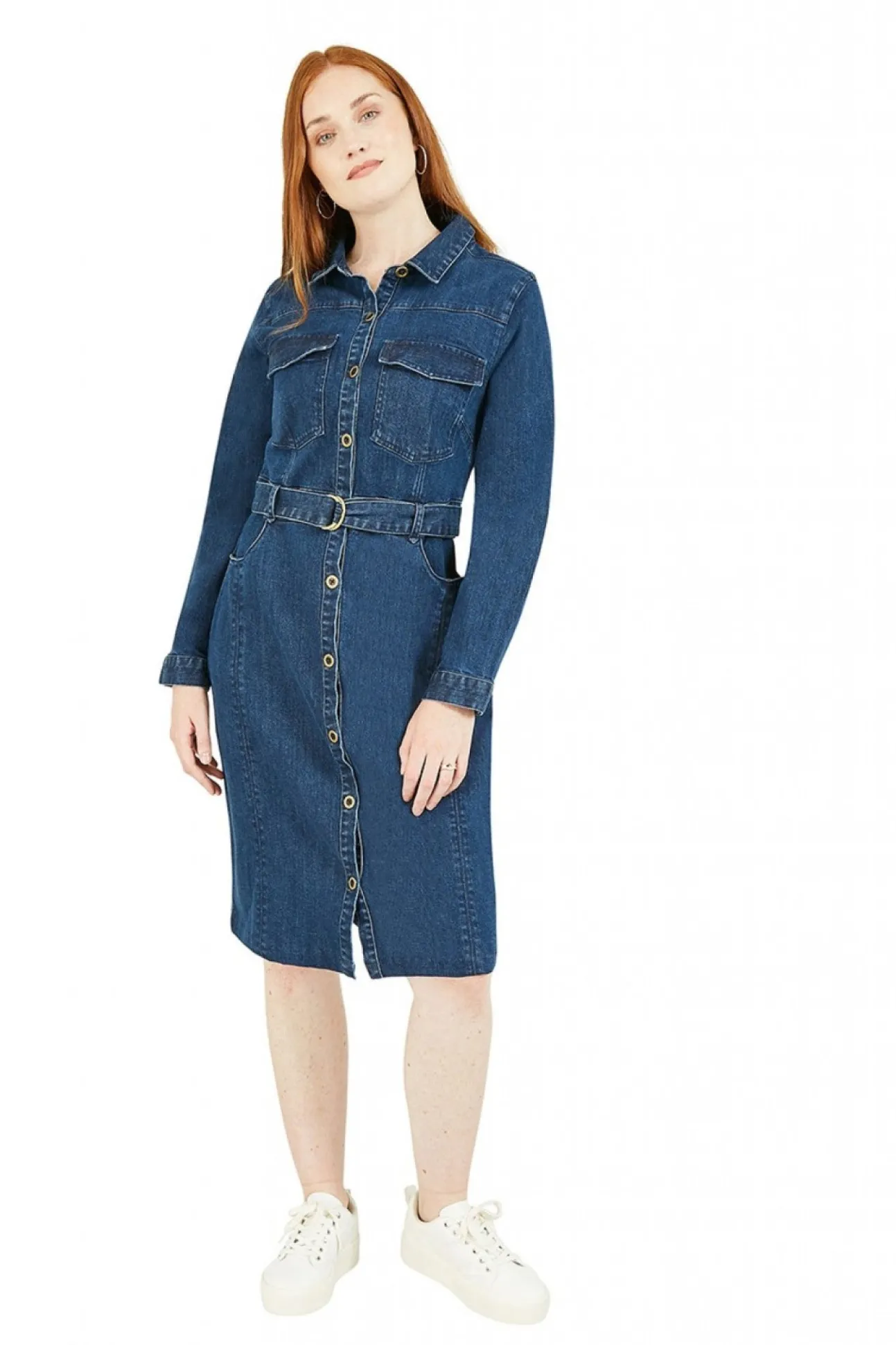 Women Yumi Denim Stretch Fitted Shirt Dress