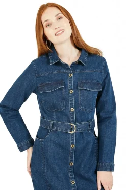Women Yumi Denim Stretch Fitted Shirt Dress