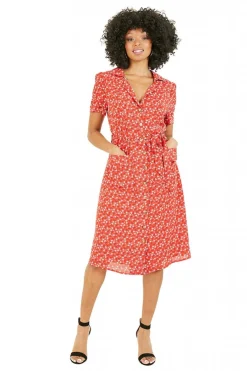 Women Yumi Ditsy Leaf Print Retro Shirt Dress