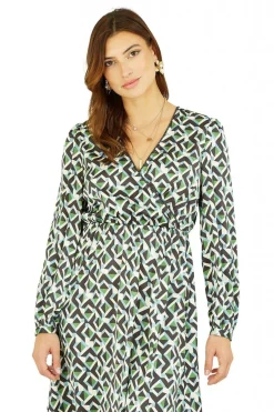 Women Yumi Geo Print Wrap Satin Midi Dress