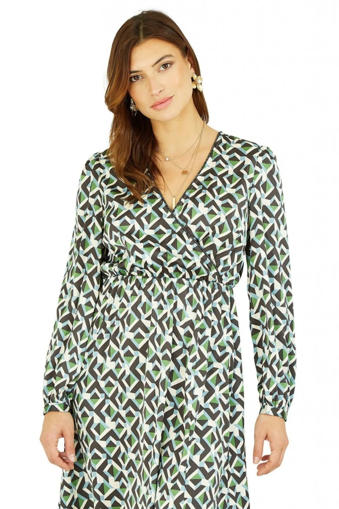 Women Yumi Geo Print Wrap Satin Midi Dress