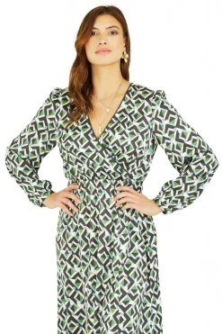 Women Yumi Geo Print Wrap Satin Midi Dress