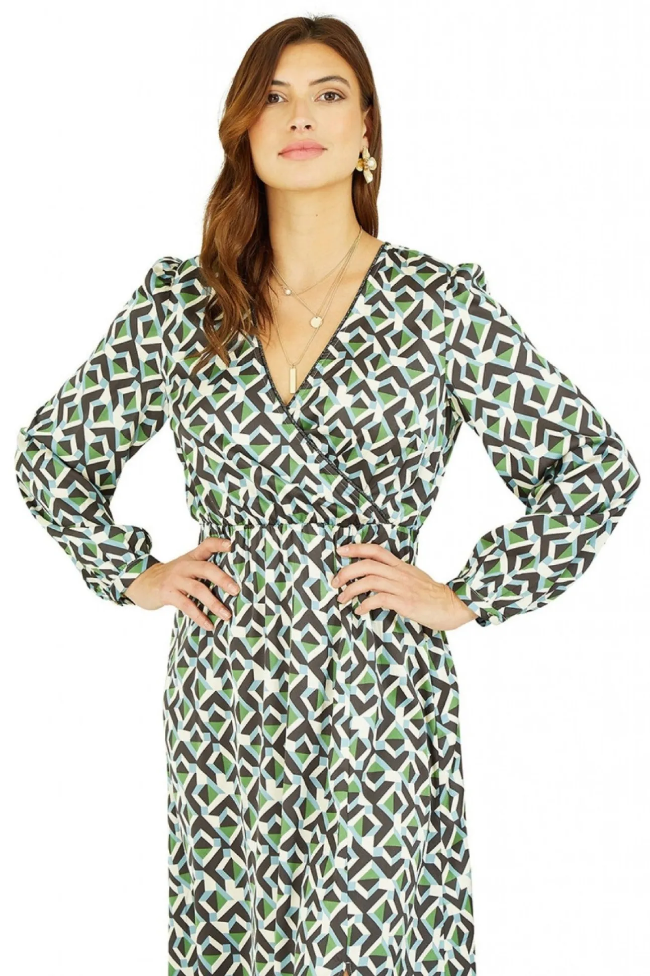 Women Yumi Geo Print Wrap Satin Midi Dress