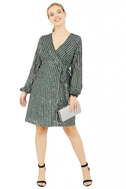 Women Yumi Green And Silver Stripe Sequin Wrap Dress