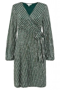Women Yumi Green And Silver Stripe Sequin Wrap Dress