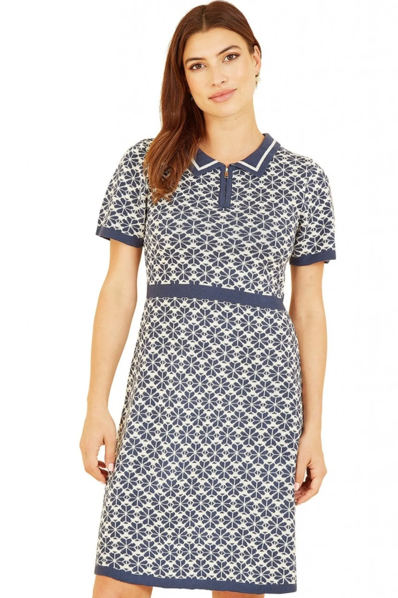 Women Yumi Intarsia Daisy Knitted Dress With Zip Collar
