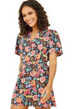 Women Yumi Multicoloured Retro Floral Button Up Playsuit