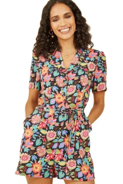 Women Yumi Multicoloured Retro Floral Button Up Playsuit