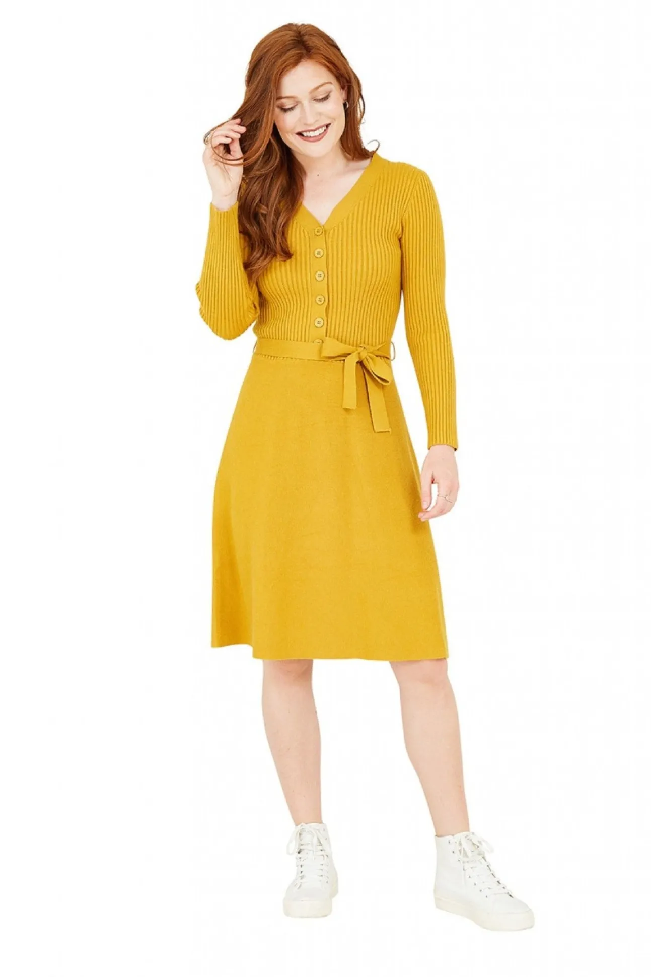 Women Yumi Mustard Knitted Skater Dress