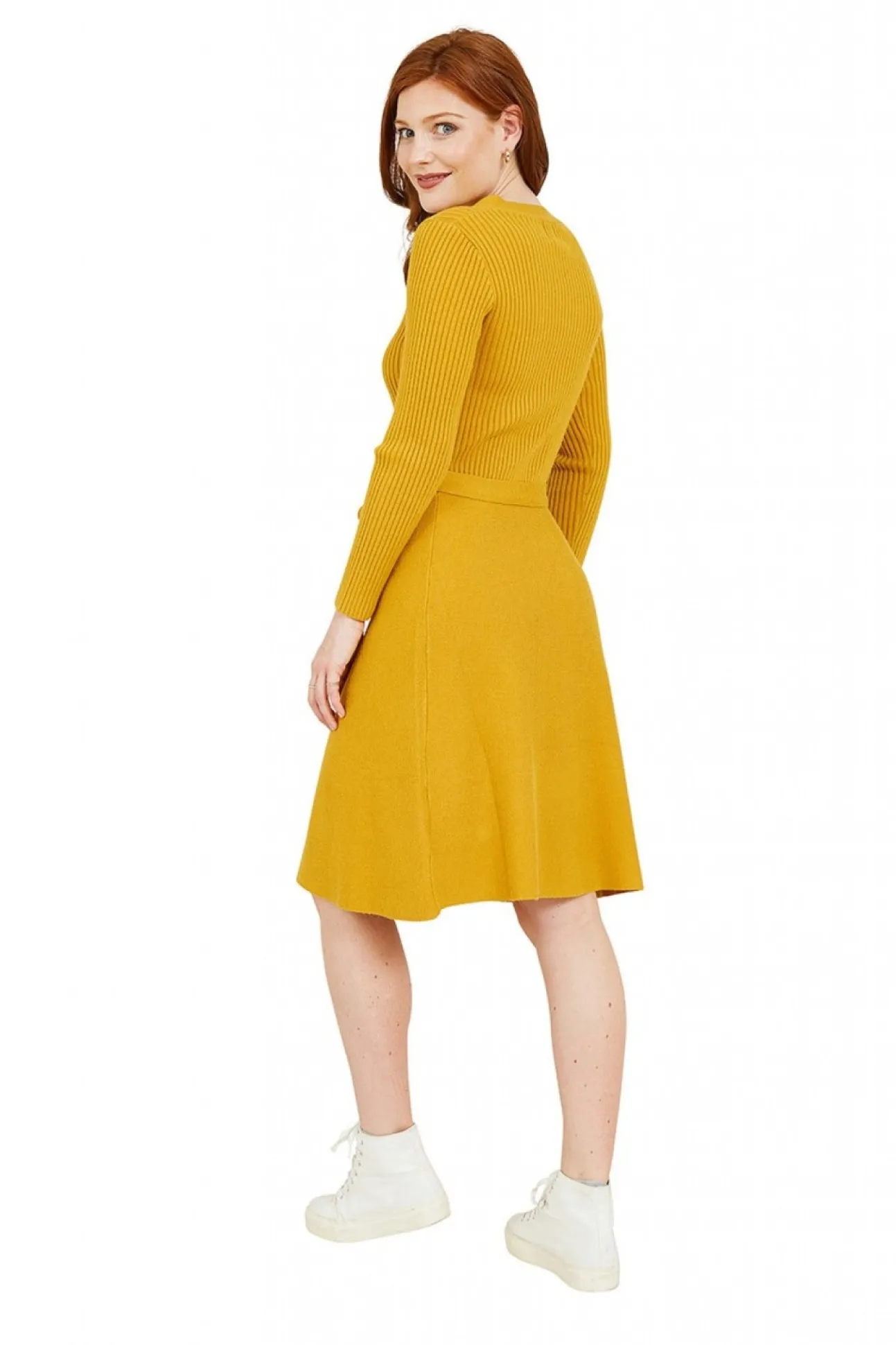 Women Yumi Mustard Knitted Skater Dress