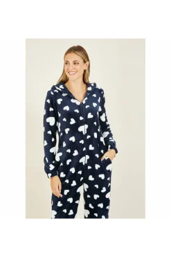 Women Yumi Navy Heart Super Soft Onesie With Pockets