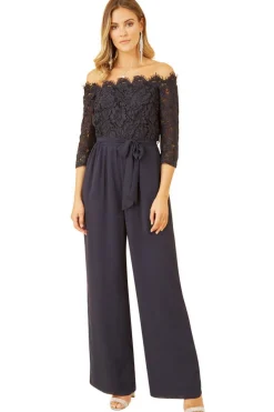 Women Yumi Navy Lace Bardot 3/4 Sleeve Jumpsuit