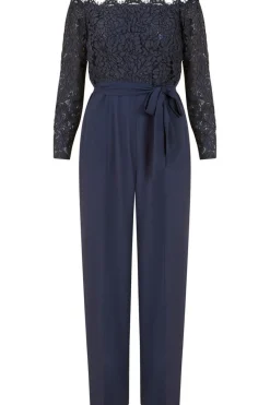 Women Yumi Navy Lace Bardot 3/4 Sleeve Jumpsuit