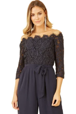 Women Yumi Navy Lace Bardot 3/4 Sleeve Jumpsuit