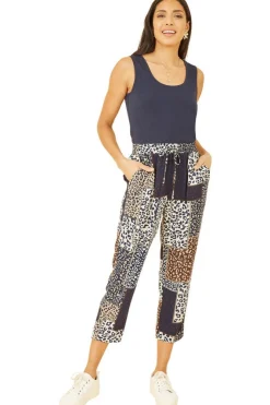 Women Yumi Navy Patchwork Animal Print Cropped Trouser