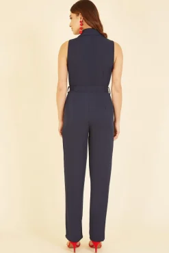 Women Yumi Navy Satin Wrap Front Jumpsuit