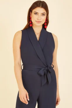 Women Yumi Navy Satin Wrap Front Jumpsuit