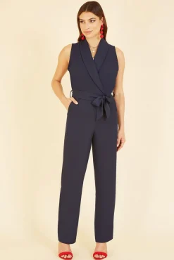 Women Yumi Navy Satin Wrap Front Jumpsuit