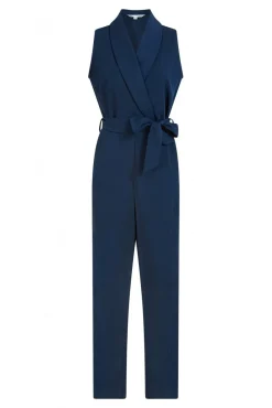 Women Yumi Navy Satin Wrap Front Jumpsuit
