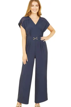 Women Yumi Navy Wrap Jumpsuit With Mesh Panel And Belt Detail