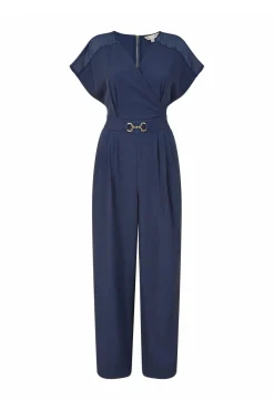 Women Yumi Navy Wrap Jumpsuit With Mesh Panel And Belt Detail