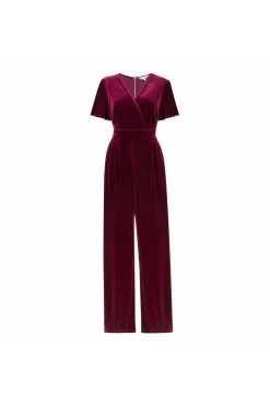 Women Yumi Plum Velvet Jumpsuit With Angel Sleeves