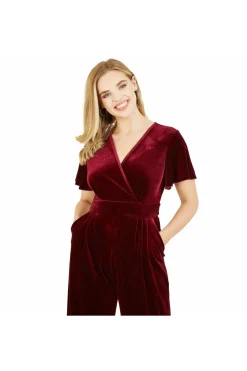 Women Yumi Plum Velvet Jumpsuit With Angel Sleeves