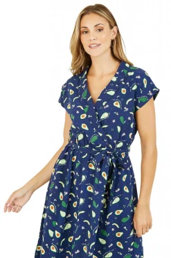 Women Yumi Recycled Avocado Print Wrap Over Dress With Pockets