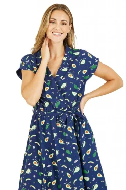 Women Yumi Recycled Avocado Print Wrap Over Dress With Pockets
