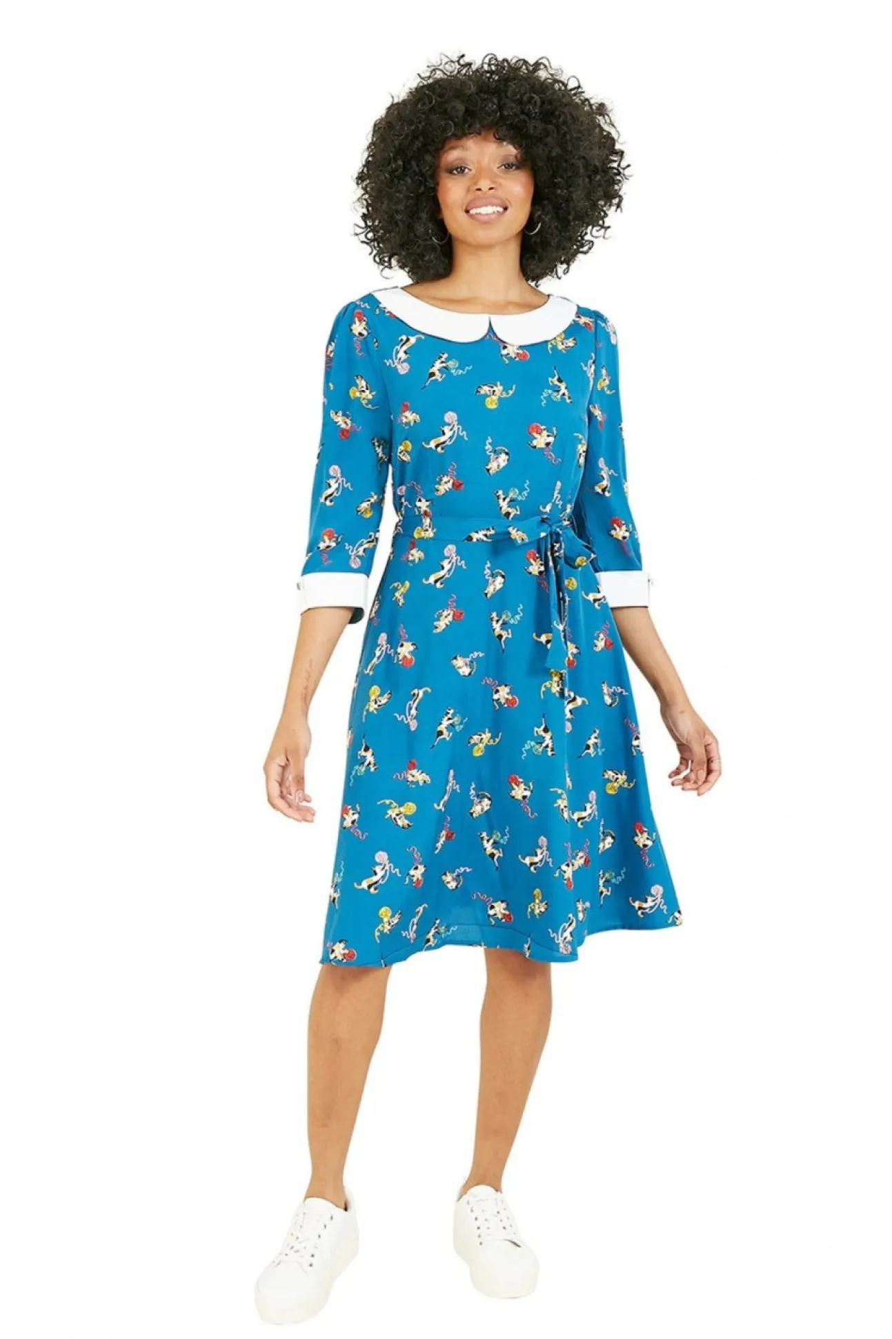 Women Yumi Recycled Teal Cat And Wool Print Skater Dress