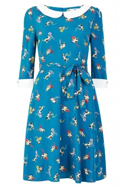 Women Yumi Recycled Teal Cat And Wool Print Skater Dress