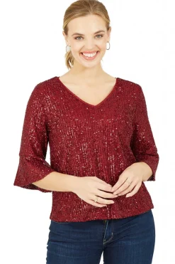 Women Yumi Sequin Top With Fluted Sleeve