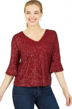 Women Yumi Sequin Top With Fluted Sleeve