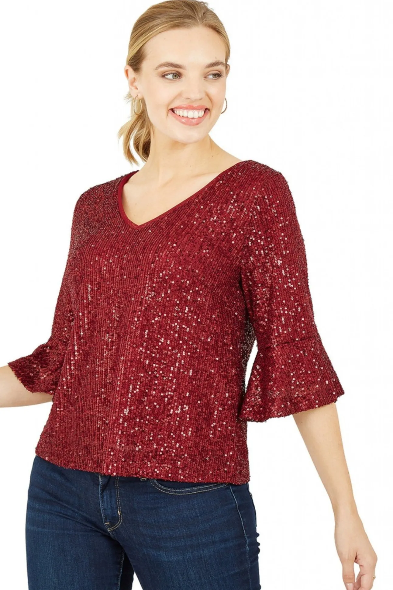 Women Yumi Sequin Top With Fluted Sleeve