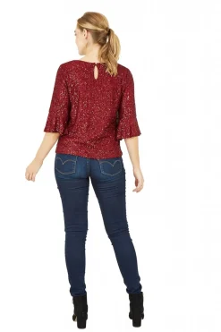 Women Yumi Sequin Top With Fluted Sleeve