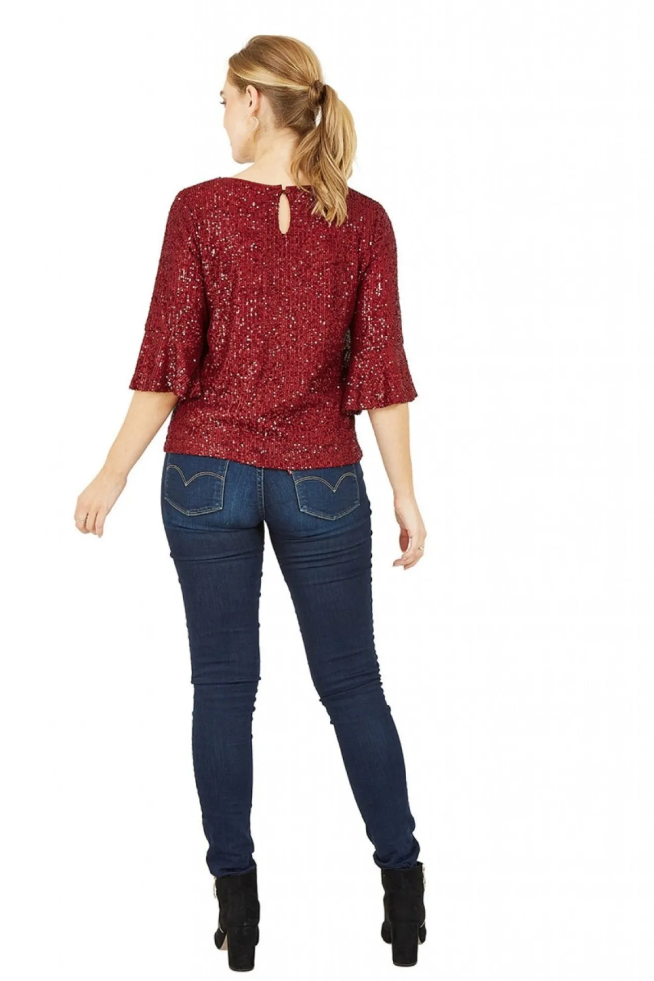 Women Yumi Sequin Top With Fluted Sleeve