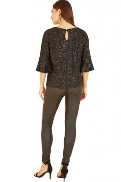 Women Yumi Sequin Top With Fluted Sleeve