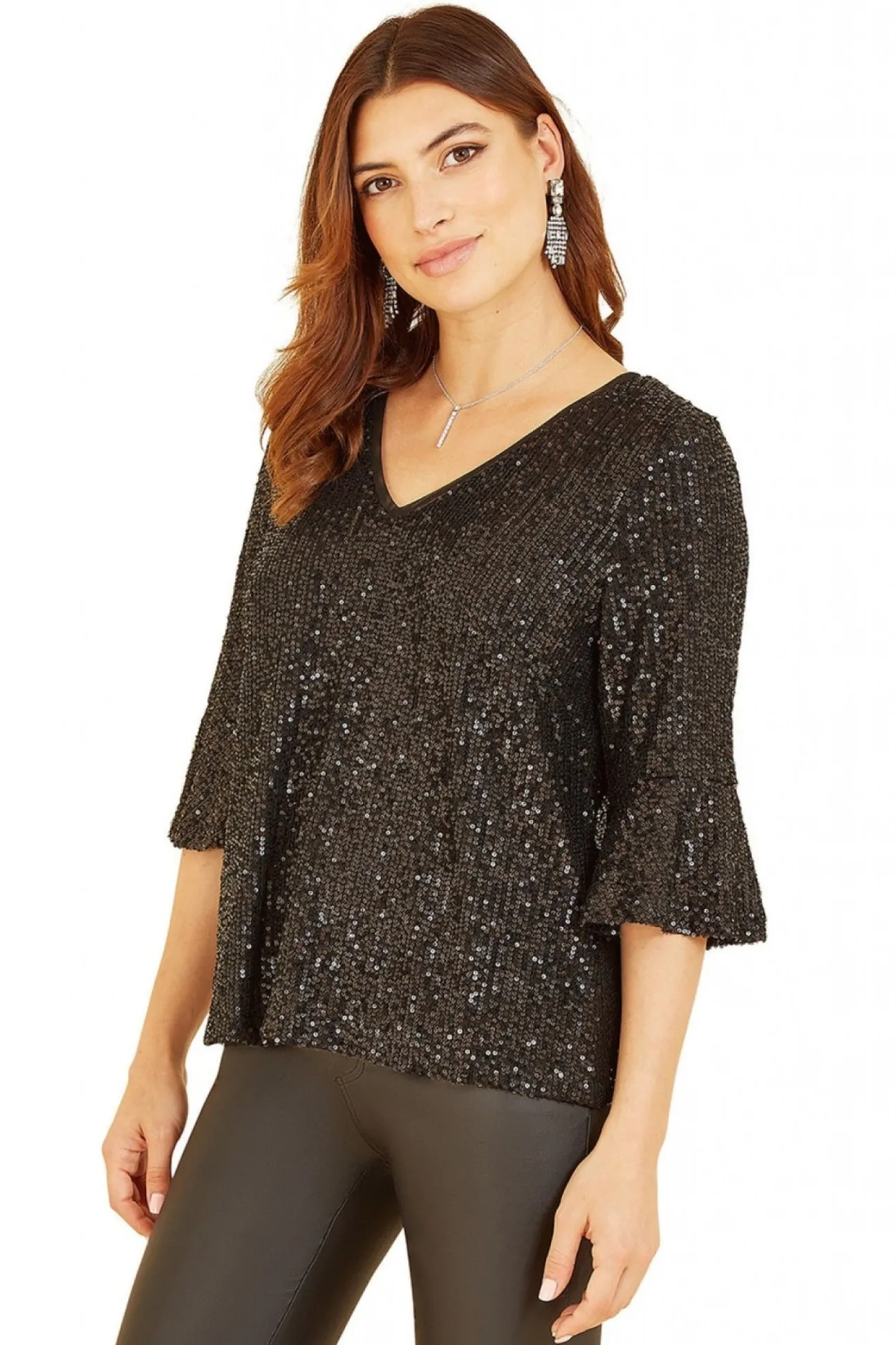 Women Yumi Sequin Top With Fluted Sleeve