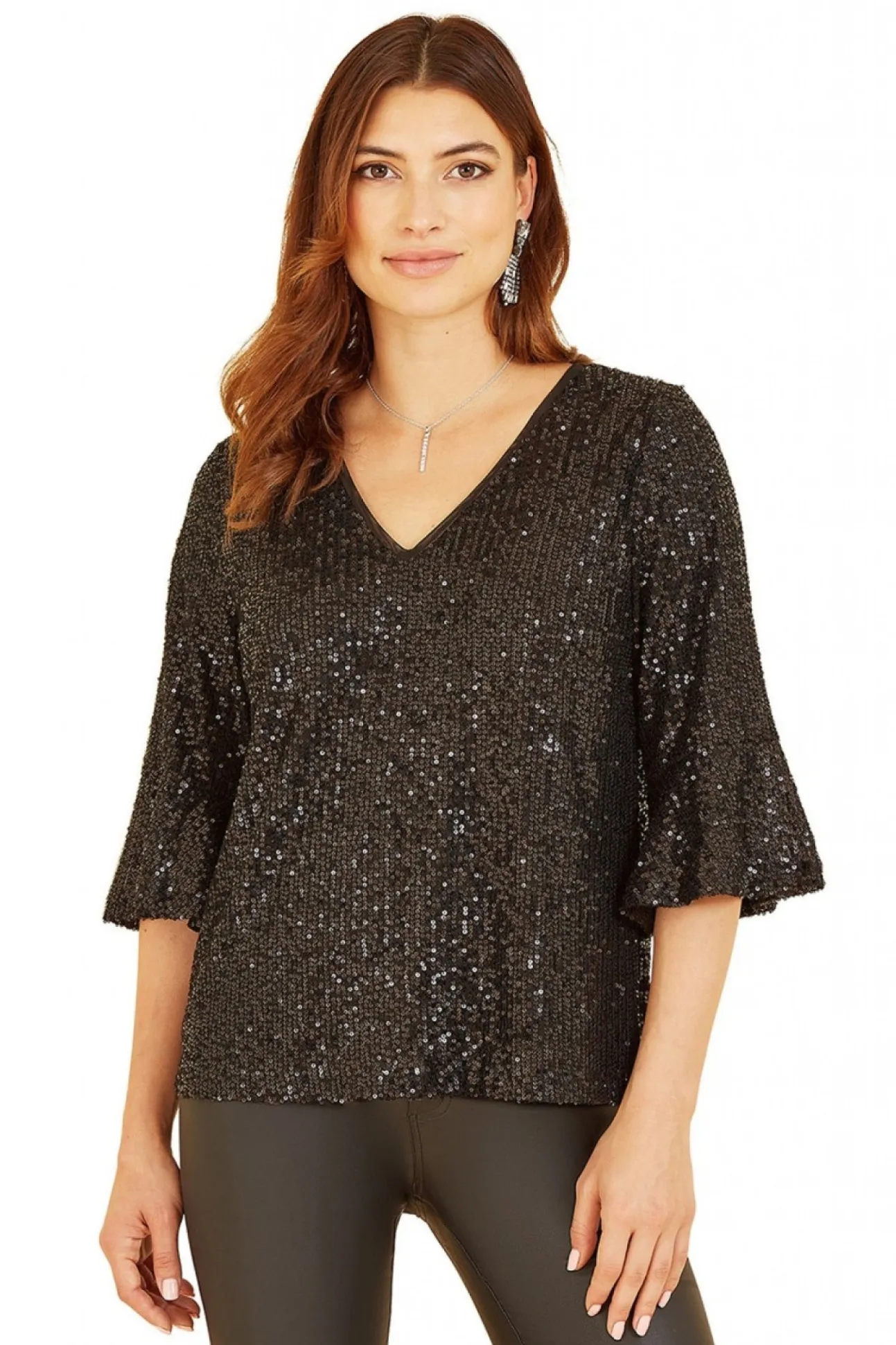 Women Yumi Sequin Top With Fluted Sleeve