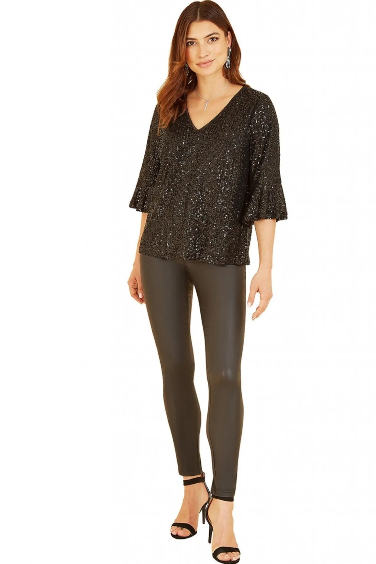 Women Yumi Sequin Top With Fluted Sleeve