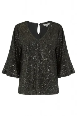 Women Yumi Sequin Top With Fluted Sleeve