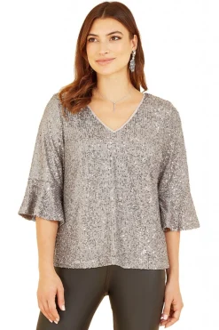 Women Yumi Sequin Top With Fluted Sleeve