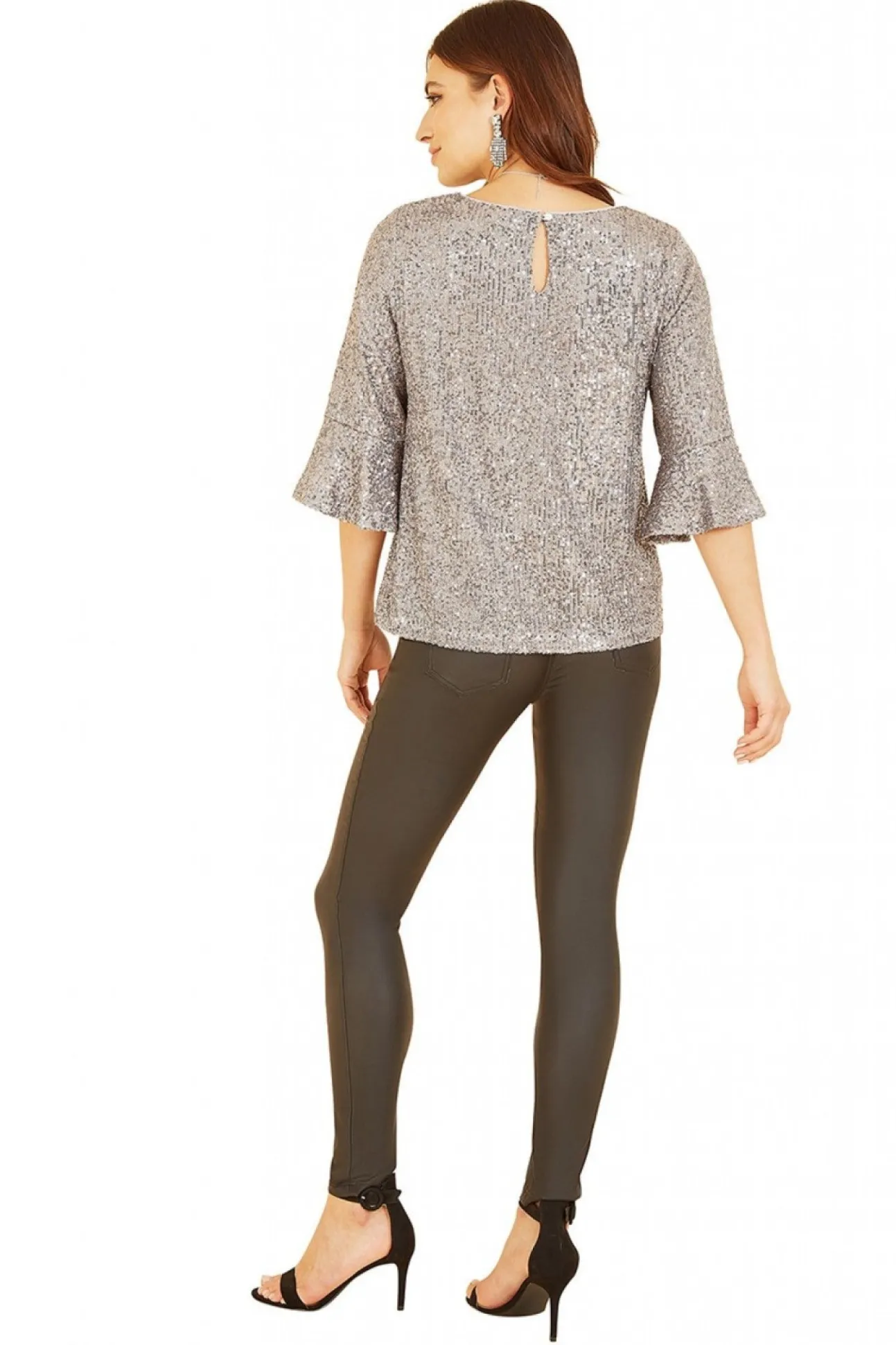 Women Yumi Sequin Top With Fluted Sleeve