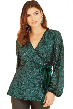 Women Yumi Sequin Wrap Top With Velvet Tie