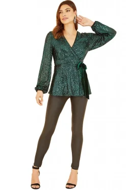 Women Yumi Sequin Wrap Top With Velvet Tie